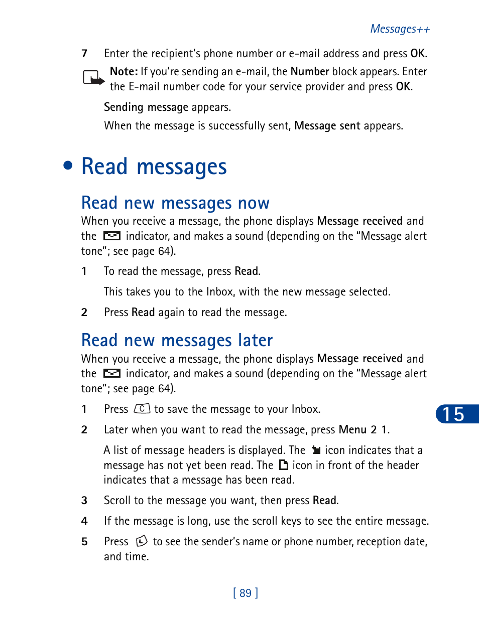 Read messages, Read new messages now read new messages later, Read new messages now | Read new messages later | Nokia 3390 User Manual | Page 102 / 161