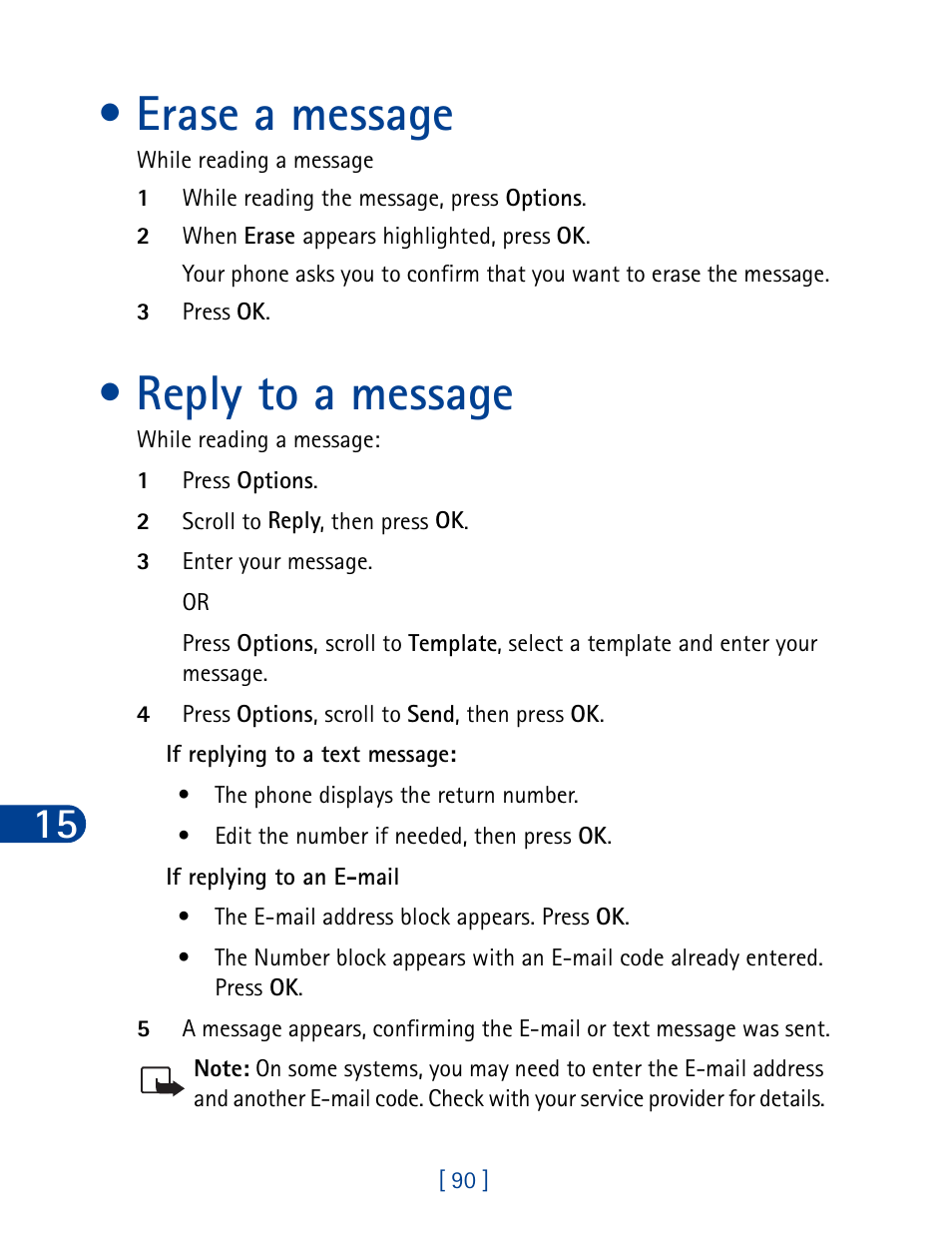 Erase a message, Reply to a message, Erase a message reply to a message | Nokia 3390 User Manual | Page 103 / 161