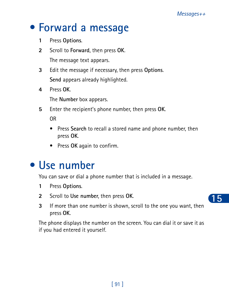 Forward a message, Use number, Forward a message use number | Nokia 3390 User Manual | Page 104 / 161