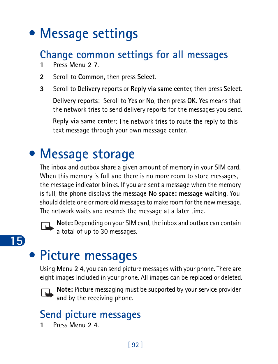 Message settings, Message storage, Picture messages | Change common settings for all messages, Message storage picture messages, Listen to received ringing tones, Send picture messages | Nokia 3390 User Manual | Page 105 / 161
