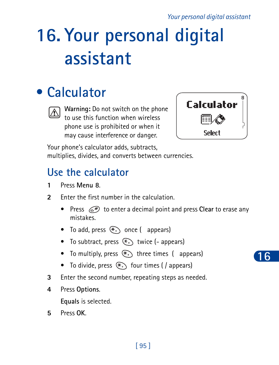 Your personal digital assistant, Calculator, Use the calculator | Nokia 3390 User Manual | Page 108 / 161