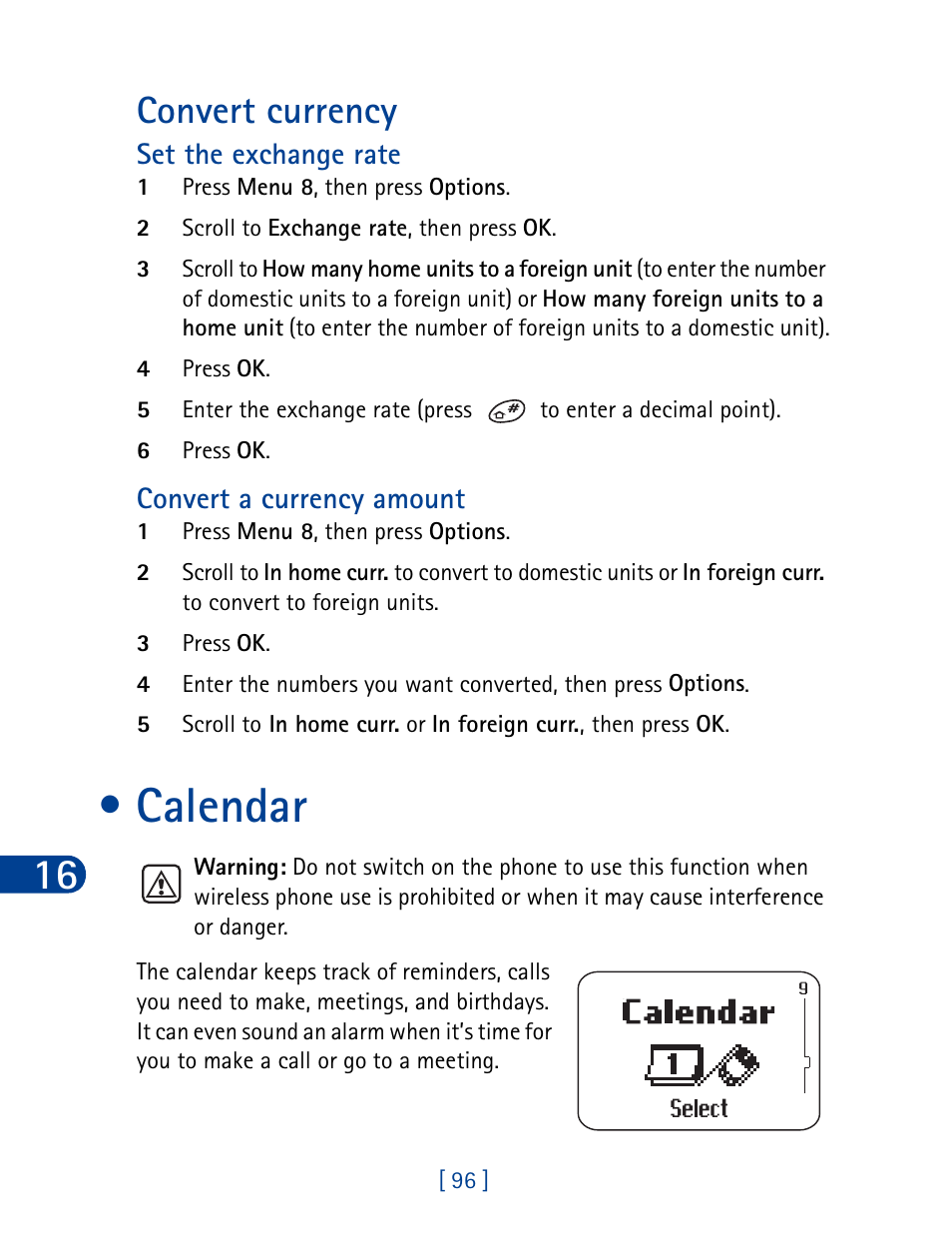 Calendar, Convert currency | Nokia 3390 User Manual | Page 109 / 161