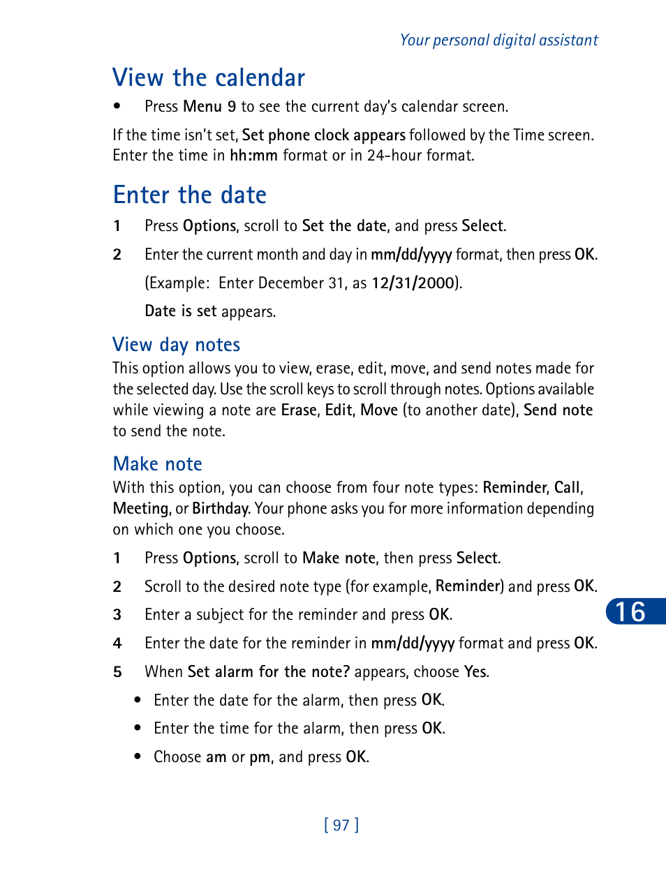 View the calendar enter the date, View the calendar, Enter the date | Nokia 3390 User Manual | Page 110 / 161