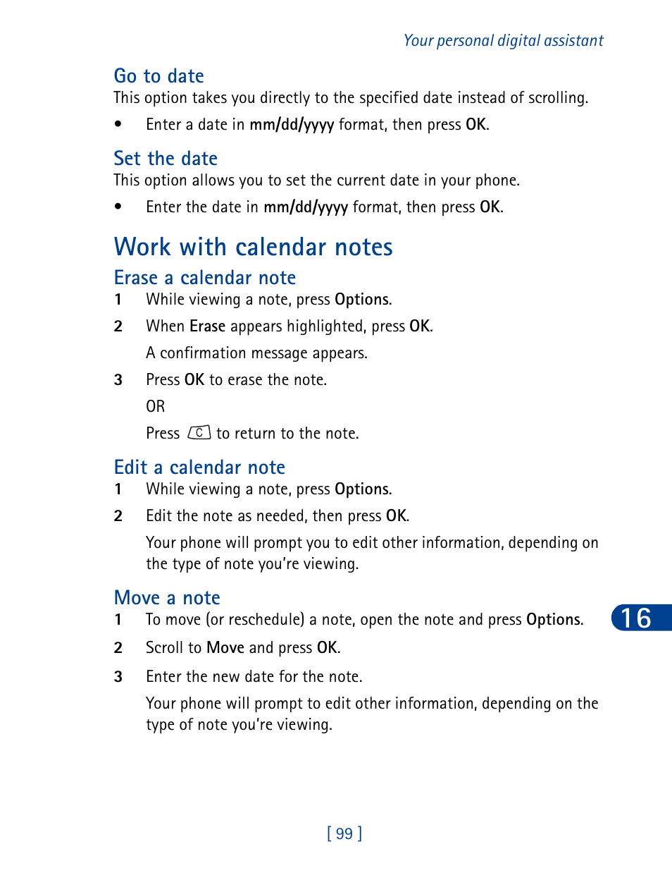 Work with calendar notes, Go to date, Set the date | Nokia 3390 User Manual | Page 112 / 161