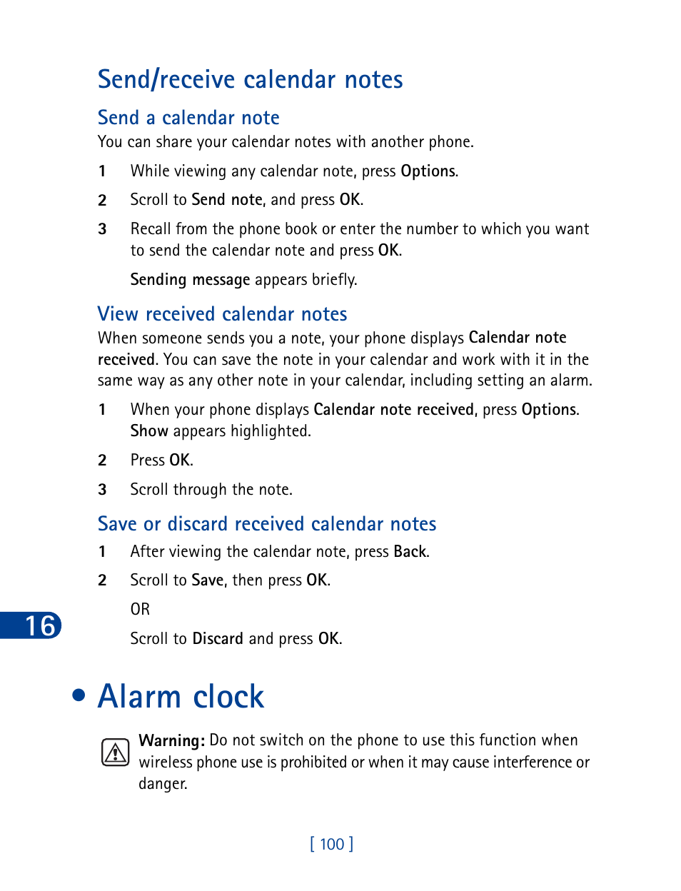 Alarm clock, Send/receive calendar notes | Nokia 3390 User Manual | Page 113 / 161