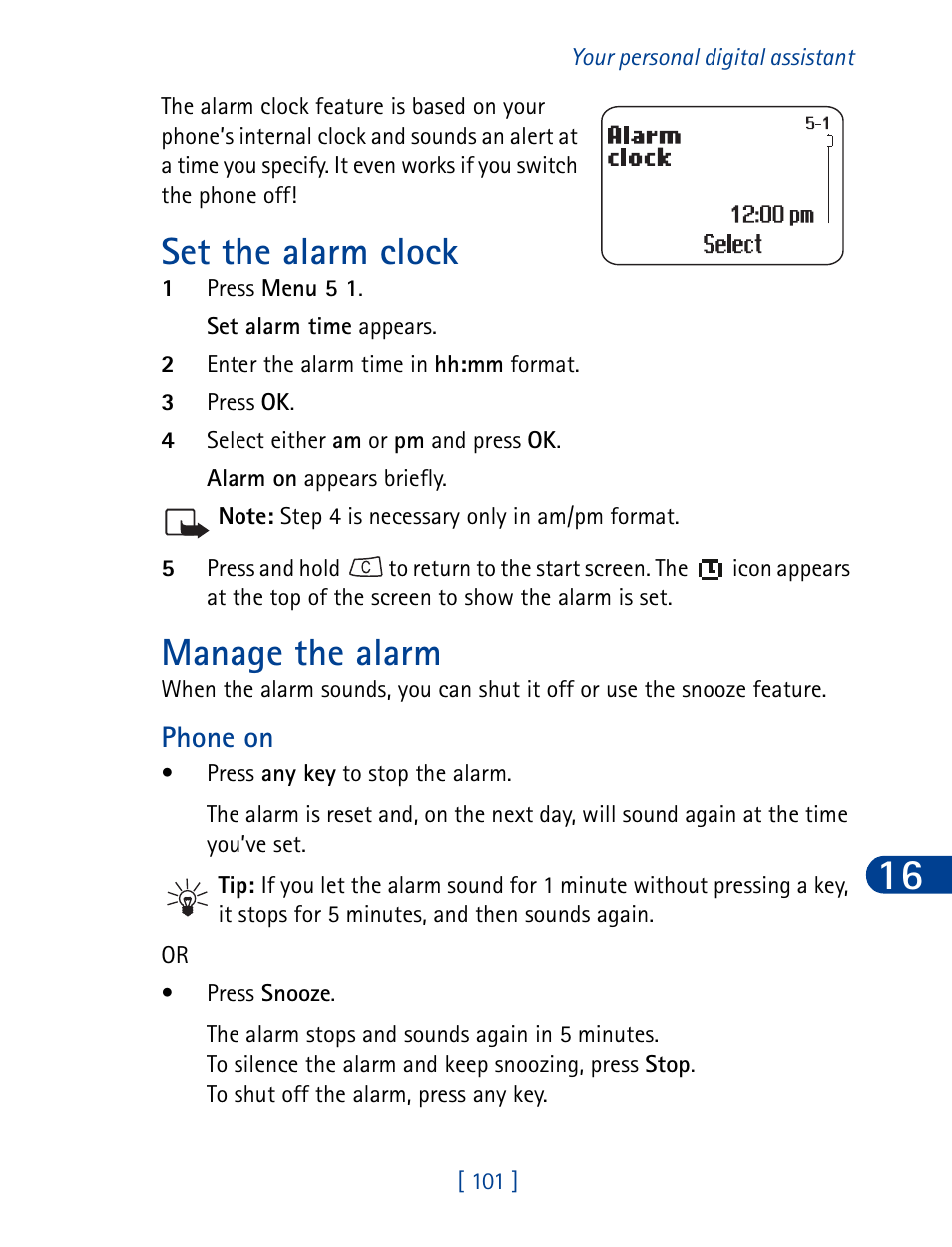 Set the alarm clock manage the alarm, Set the alarm clock, Manage the alarm | Nokia 3390 User Manual | Page 114 / 161