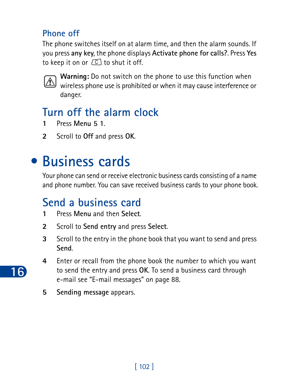 Business cards, Turn off the alarm clock, Send a business card | Nokia 3390 User Manual | Page 115 / 161