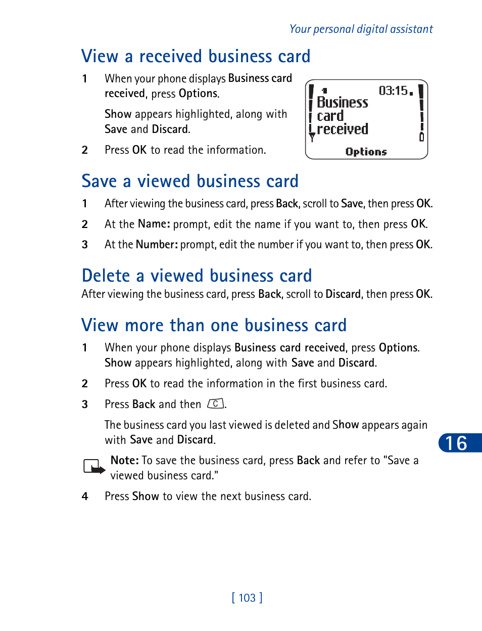 View a received business card, Save a viewed business card, Delete a viewed business card | View more than one business card | Nokia 3390 User Manual | Page 116 / 161