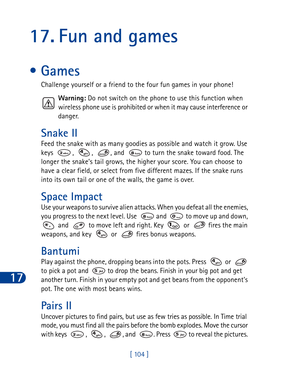 Fun and games, Games, Snake ii space impact bantumi pairs ii | Snake ii, Space impact, Bantumi, Pairs ii | Nokia 3390 User Manual | Page 117 / 161