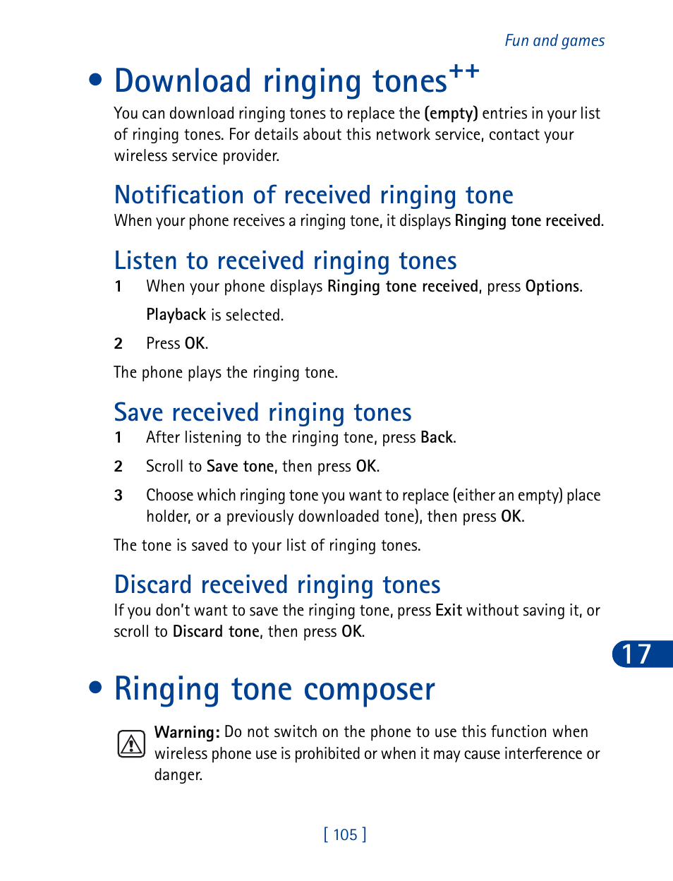 Download ringing tones, Ringing tone composer, Notification of received ringing tone | Listen to received ringing tones, Save received ringing tones, Discard received ringing tones | Nokia 3390 User Manual | Page 118 / 161