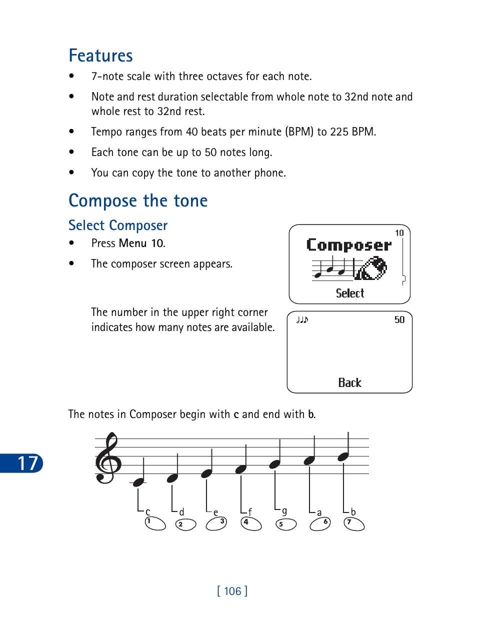 Features compose the tone, Features, Compose the tone | Nokia 3390 User Manual | Page 119 / 161