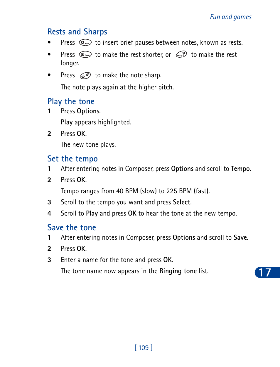 Rests and sharps, Play the tone, Set the tempo | Save the tone | Nokia 3390 User Manual | Page 122 / 161