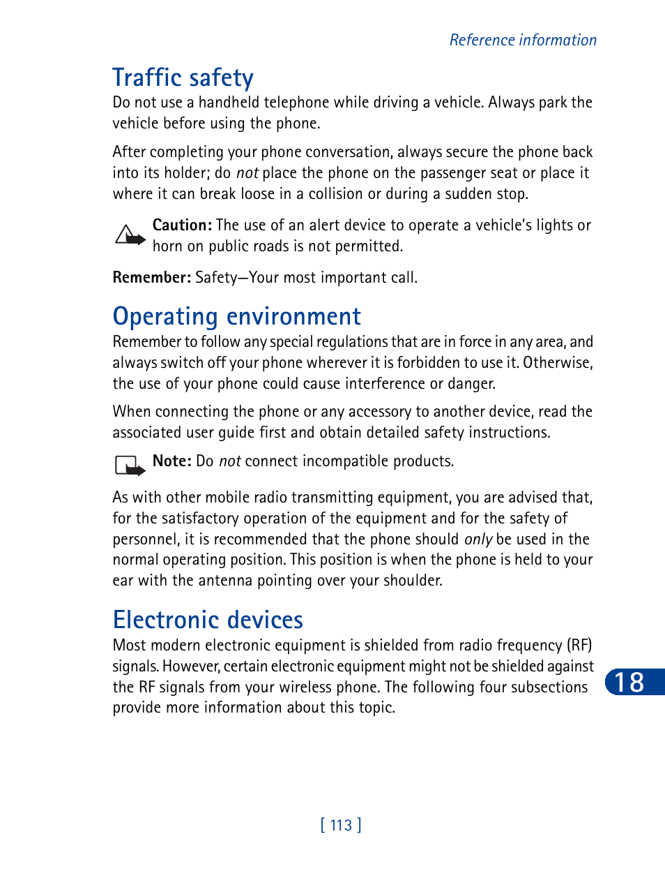 Traffic safety, Operating environment, Electronic devices | Nokia 3390 User Manual | Page 126 / 161