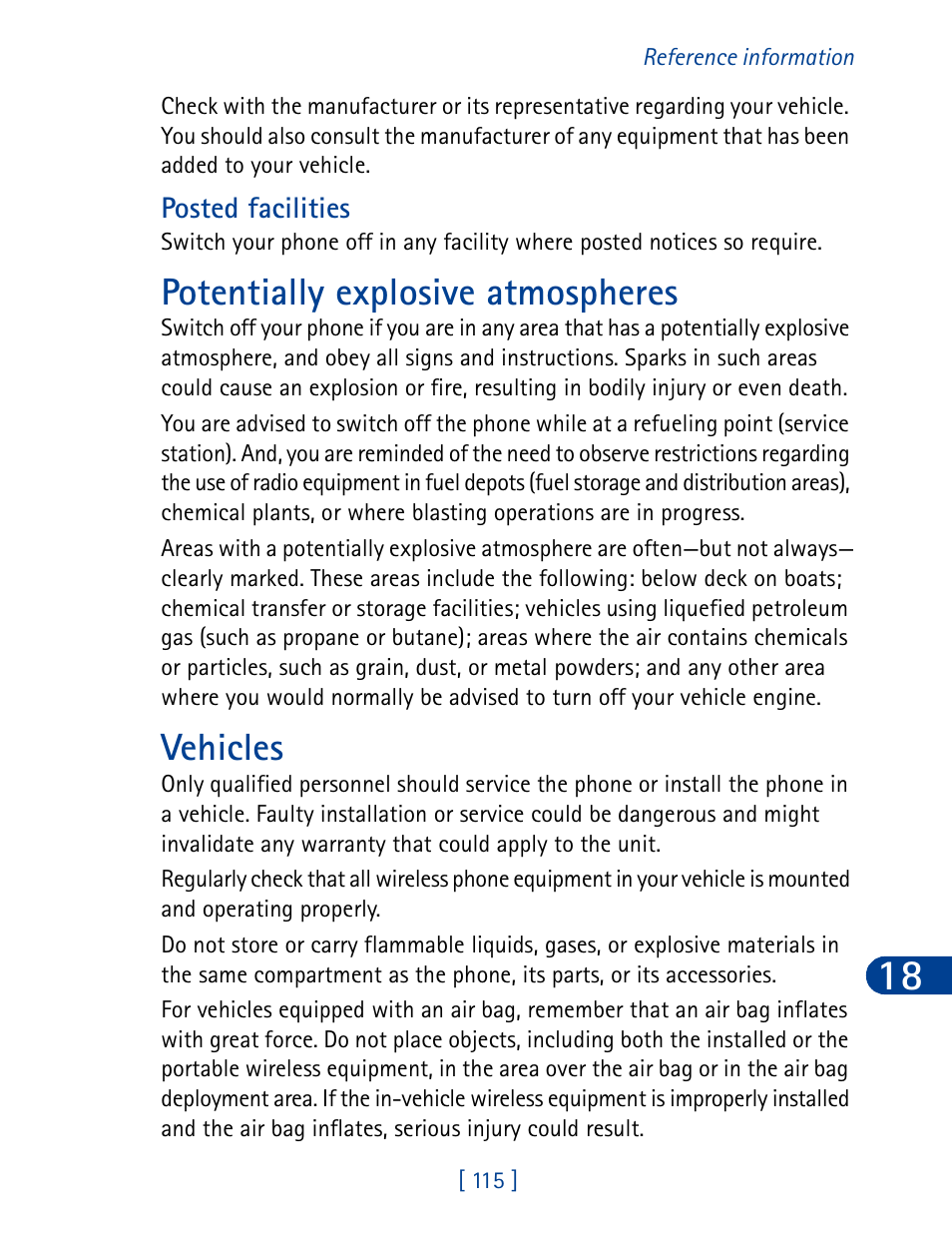 Potentially explosive atmospheres vehicles, Potentially explosive atmospheres, Vehicles | Nokia 3390 User Manual | Page 128 / 161