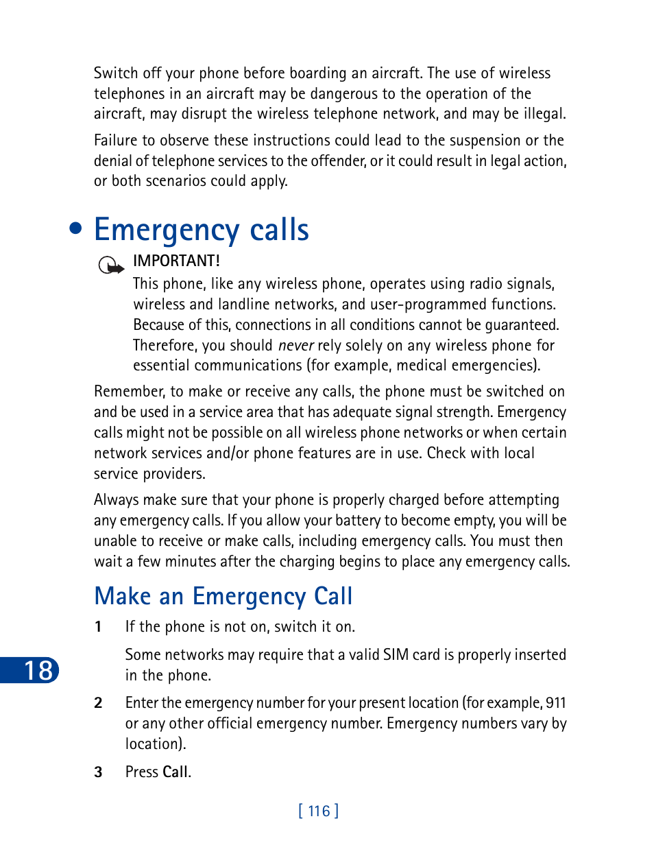 Emergency calls, Make an emergency call | Nokia 3390 User Manual | Page 129 / 161