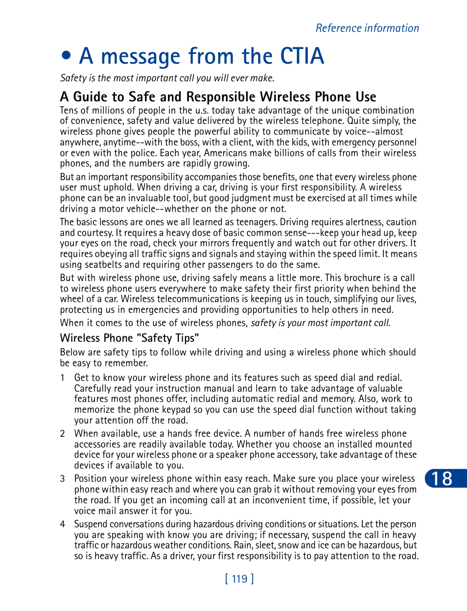 A message from the ctia, A guide to safe and responsible wireless phone use | Nokia 3390 User Manual | Page 132 / 161