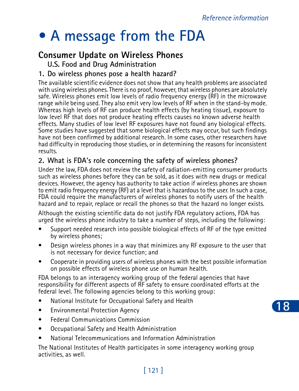 A message from the fda, Consumer update on wireless phones | Nokia 3390 User Manual | Page 134 / 161