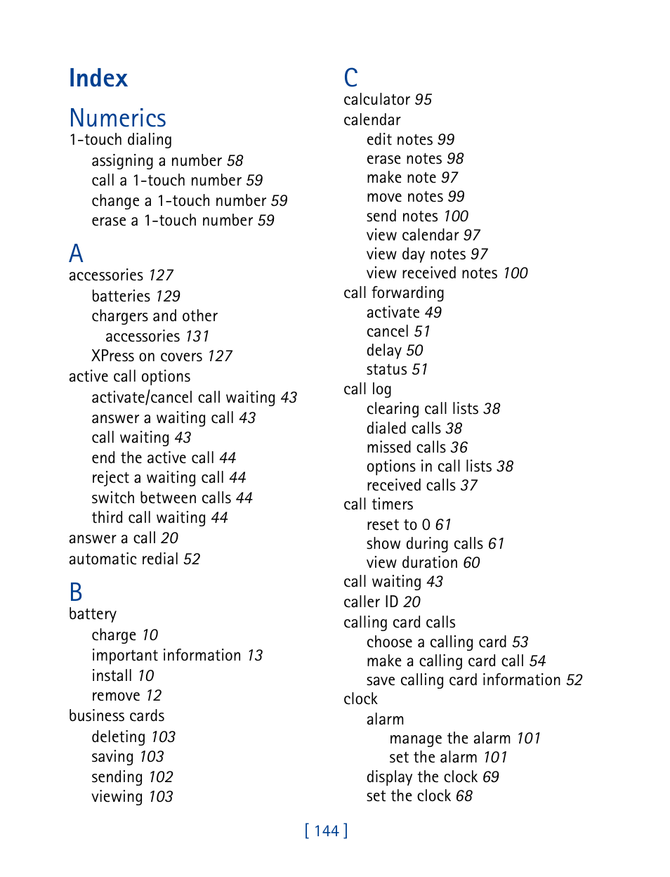 Index, Index numerics | Nokia 3390 User Manual | Page 157 / 161