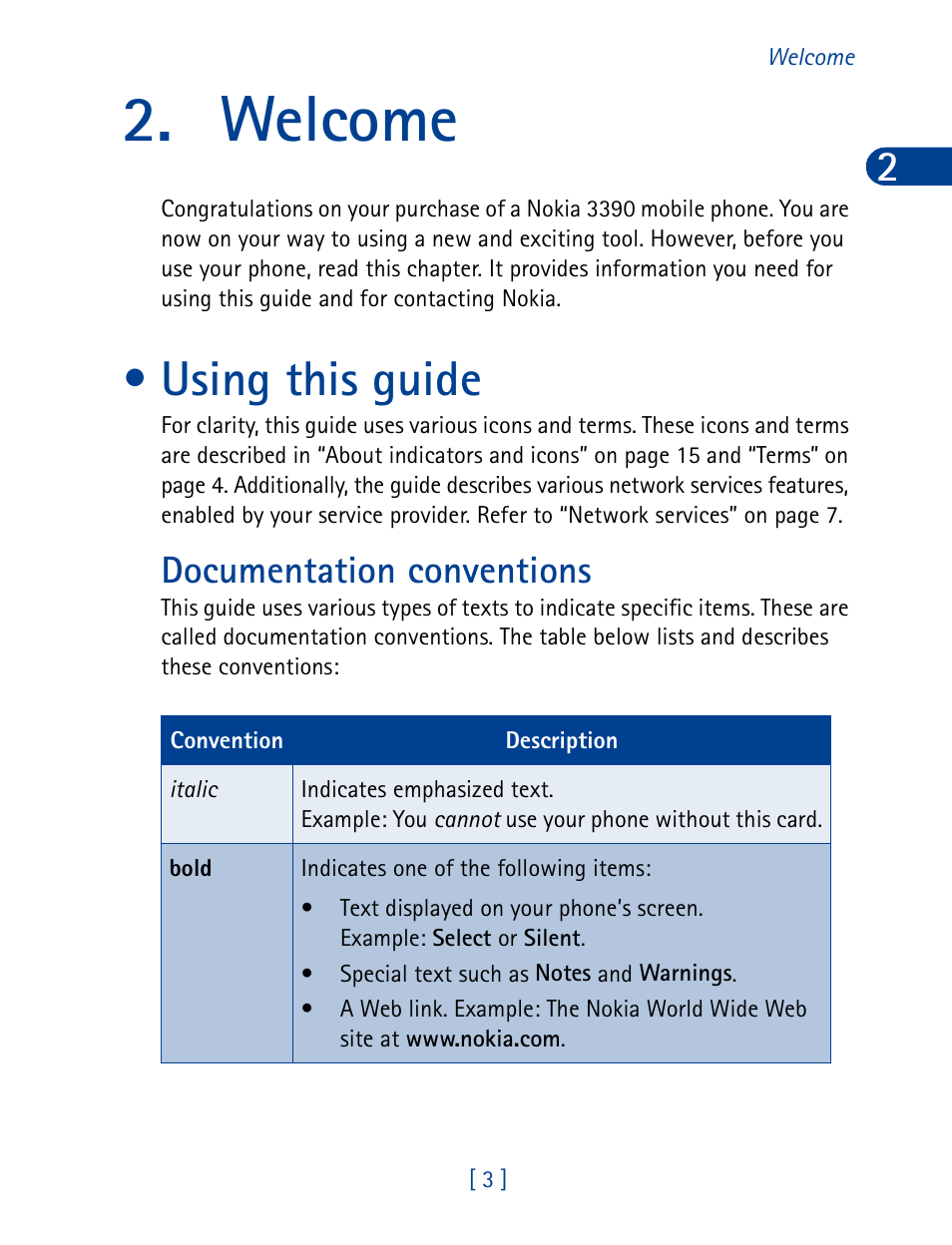 Welcome, Using this guide, Documentation conventions | Nokia 3390 User Manual | Page 16 / 161