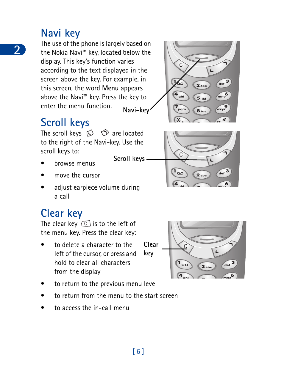 Navi key scroll keys clear key, Navi key, Scroll keys | Clear key | Nokia 3390 User Manual | Page 19 / 161