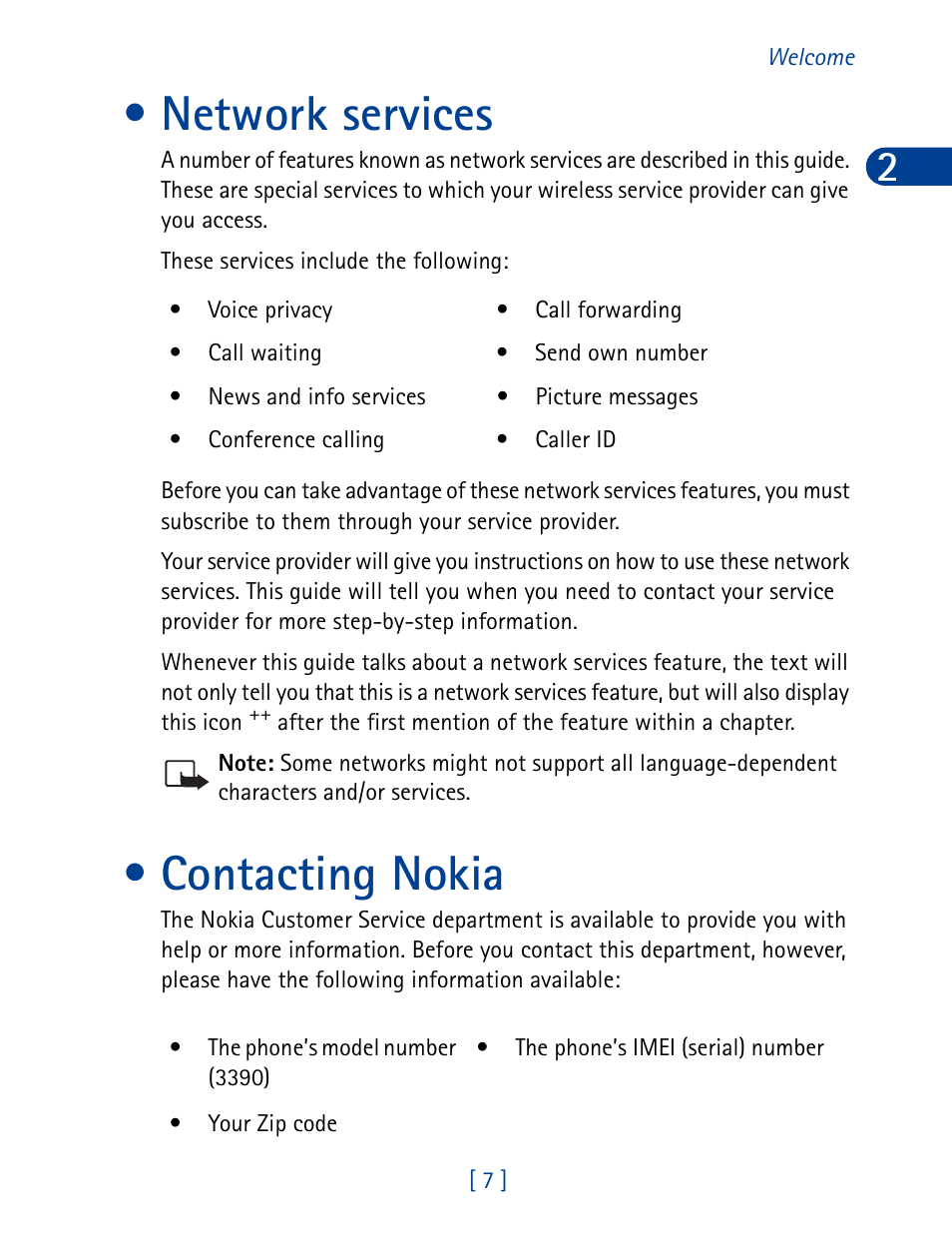 Network services, Contacting nokia, Network services contacting nokia | List of menu shortcuts | Nokia 3390 User Manual | Page 20 / 161