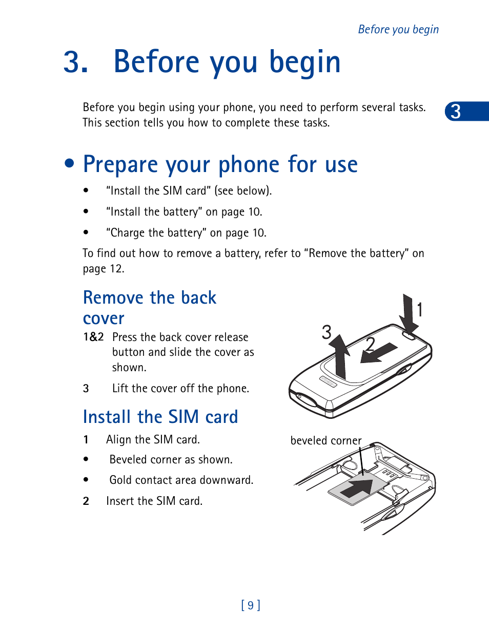 Before you begin, Prepare your phone for use, Remove the back cover install the sim card | Remove the back cover, Install the sim card | Nokia 3390 User Manual | Page 22 / 161