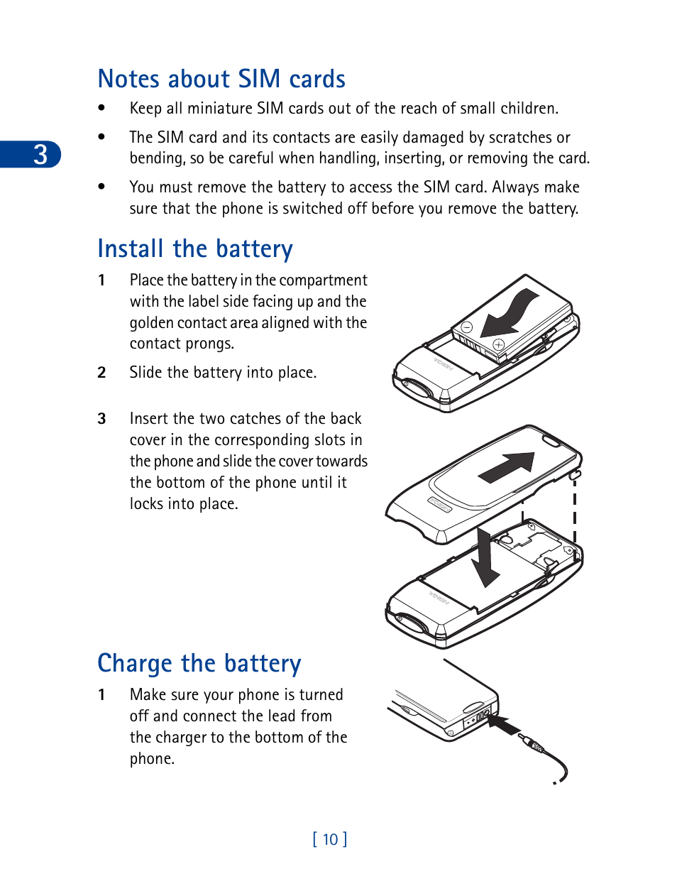 Install the battery, Charge the battery | Nokia 3390 User Manual | Page 23 / 161