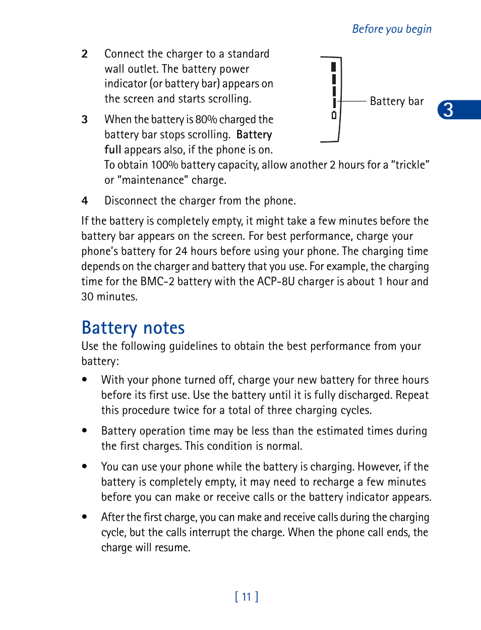 Battery notes | Nokia 3390 User Manual | Page 24 / 161