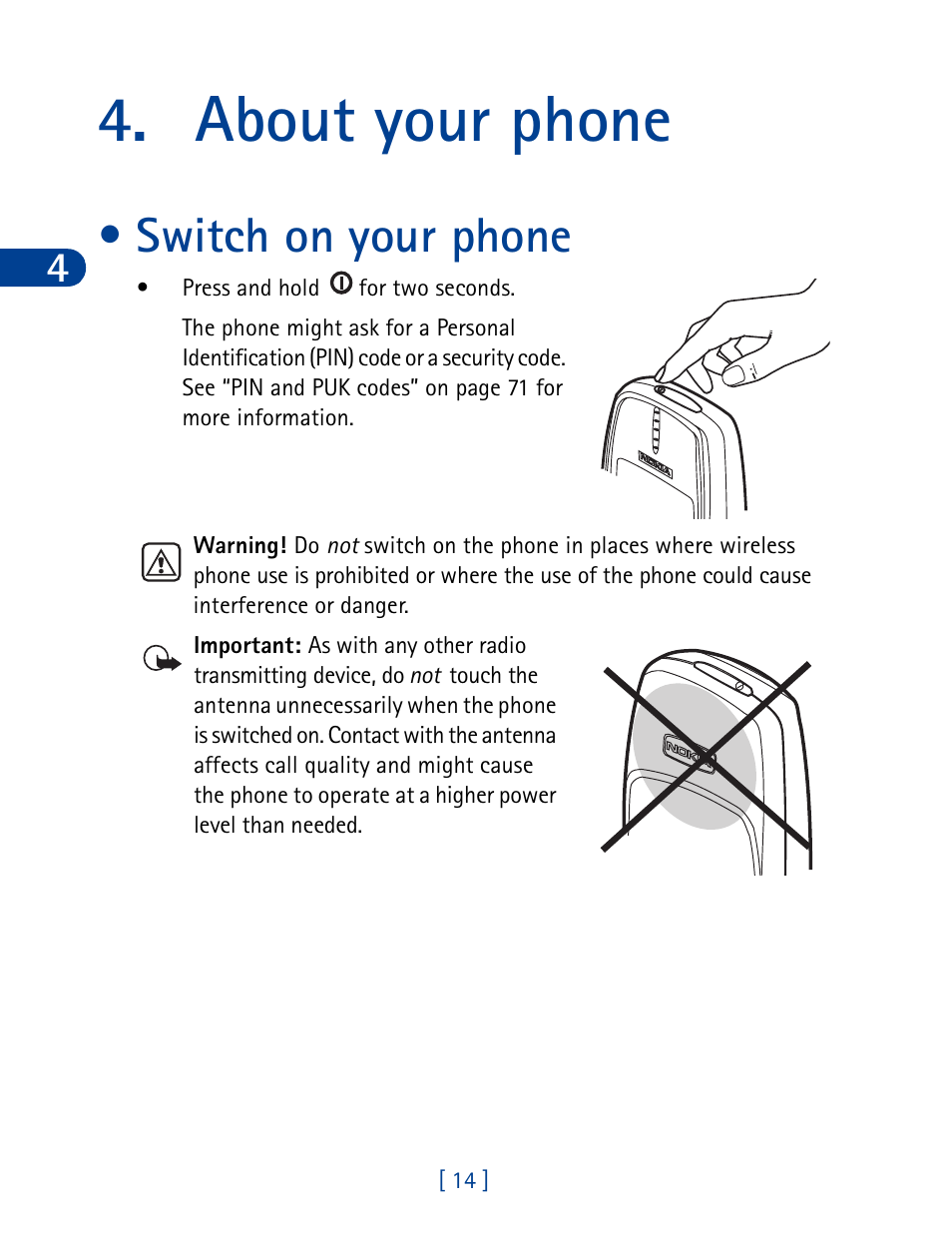 About your phone, Switch on your phone | Nokia 3390 User Manual | Page 27 / 161