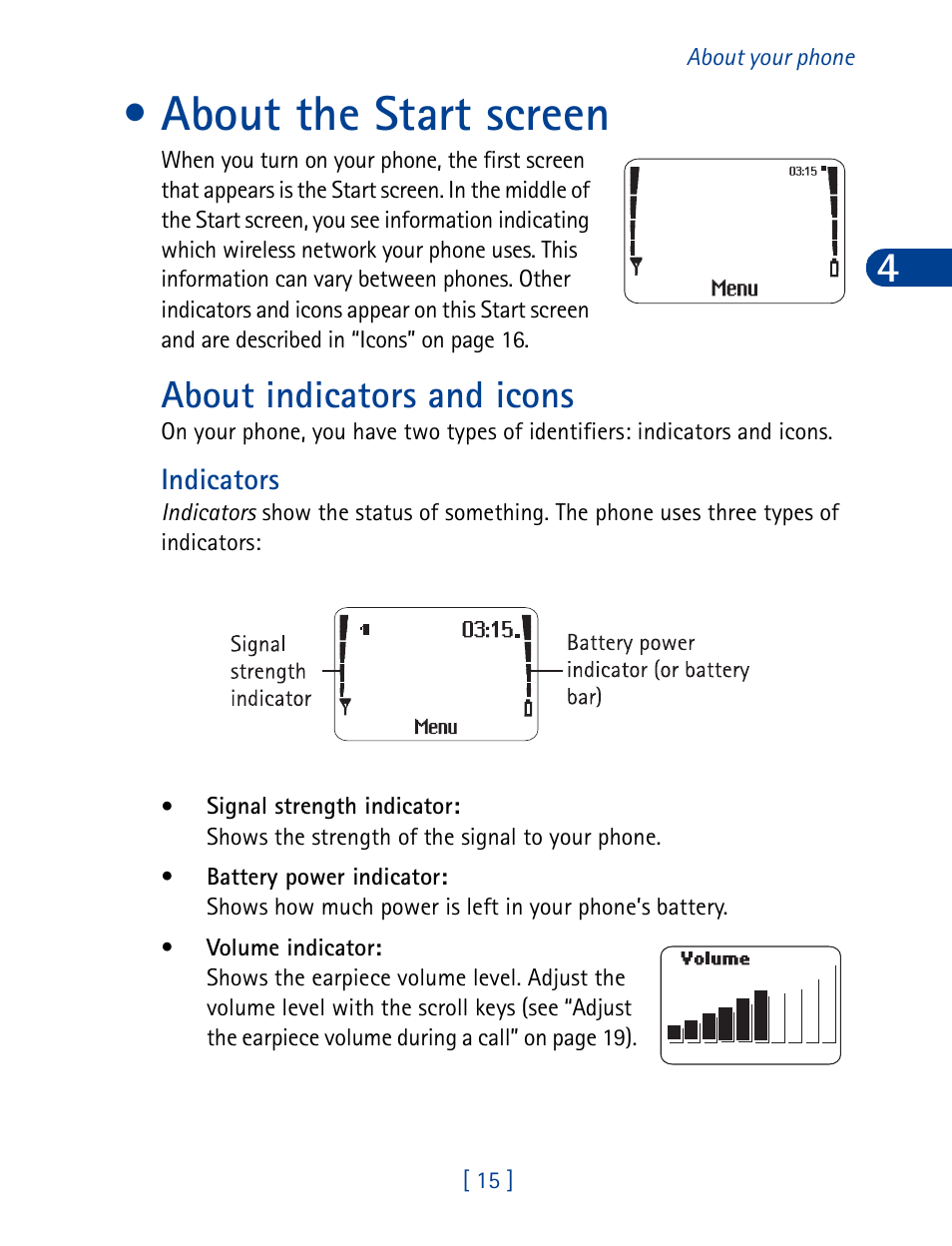 About the start screen, About indicators and icons | Nokia 3390 User Manual | Page 28 / 161