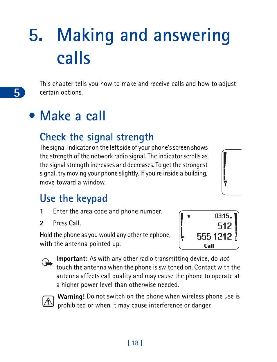 Making and answering calls, Make a call, Check the signal strength use the keypad | Check the signal strength, Use the keypad | Nokia 3390 User Manual | Page 31 / 161