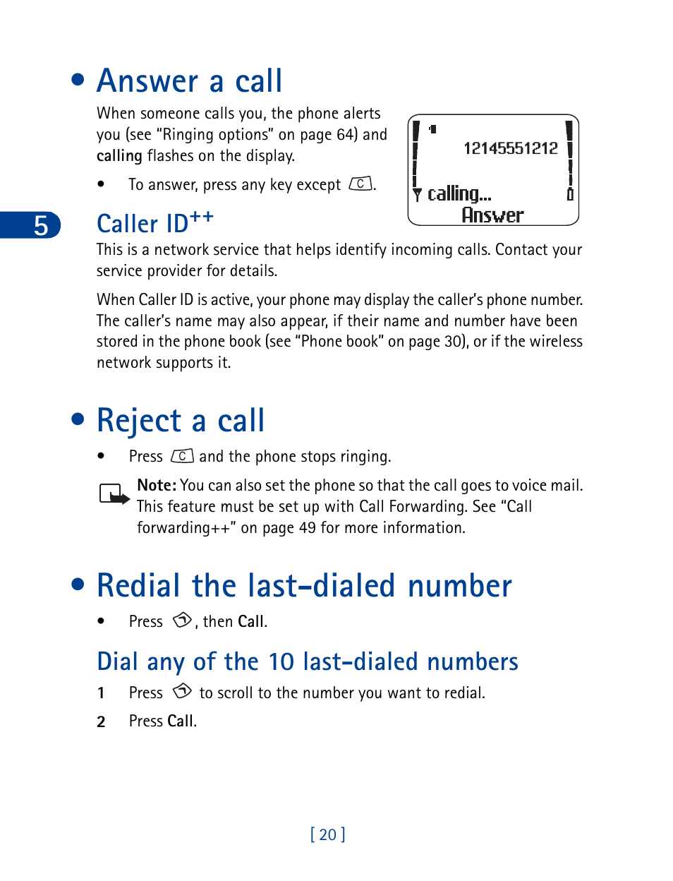 Answer a call, Reject a call, Redial the last-dialed number | Caller id, Reject a call redial the last-dialed number, Dial any of the 10 last-dialed numbers | Nokia 3390 User Manual | Page 33 / 161