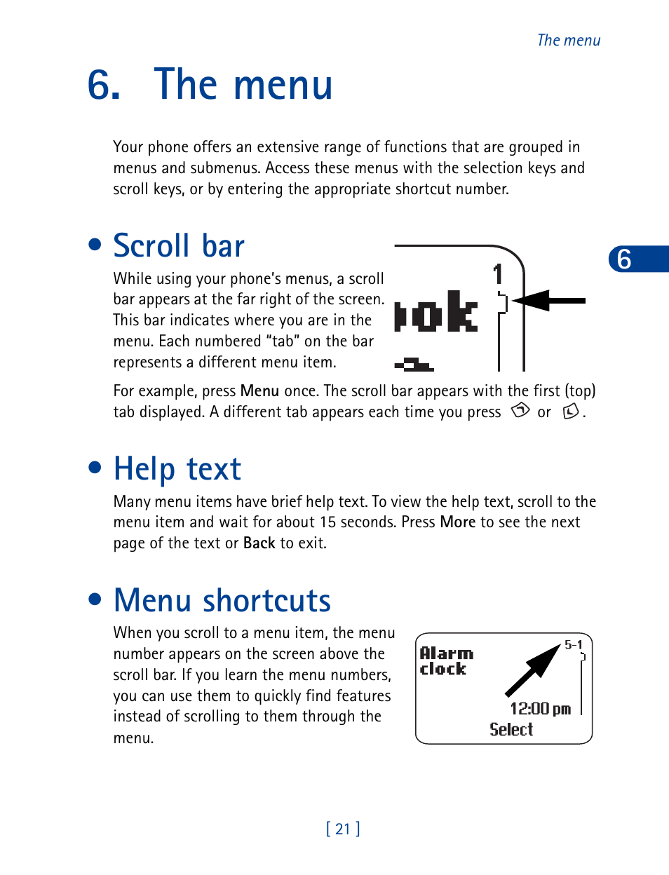 The menu, Scroll bar, Help text | Menu shortcuts, Scroll bar help text menu shortcuts | Nokia 3390 User Manual | Page 34 / 161