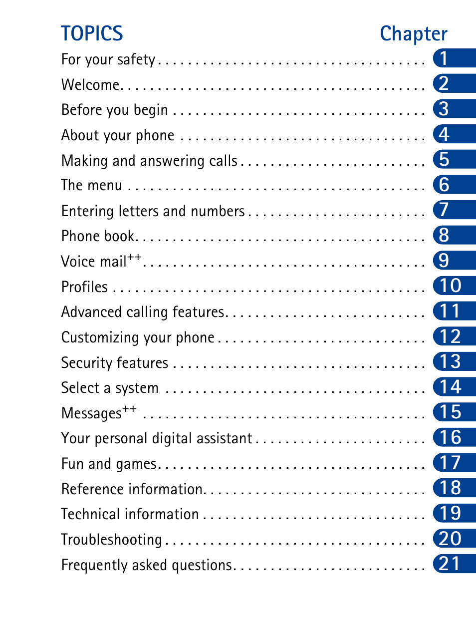 Topics, Topics chapter | Nokia 3390 User Manual | Page 4 / 161