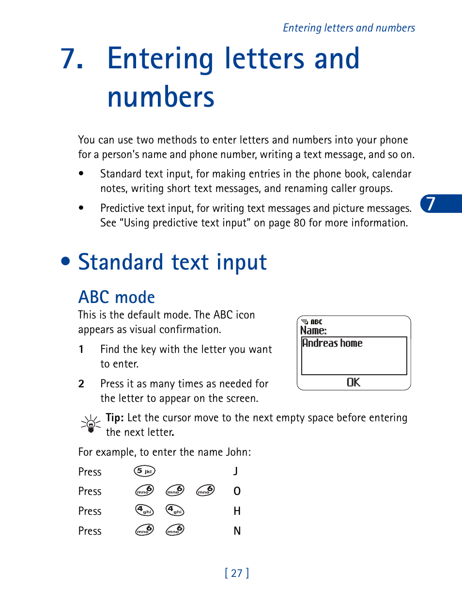 Entering letters and numbers, Standard text input, Abc mode | Nokia 3390 User Manual | Page 40 / 161