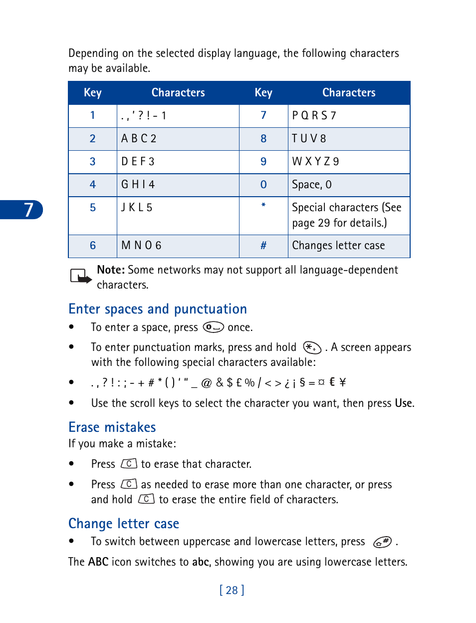 Enter spaces and punctuation, Erase mistakes, Change letter case | Nokia 3390 User Manual | Page 41 / 161