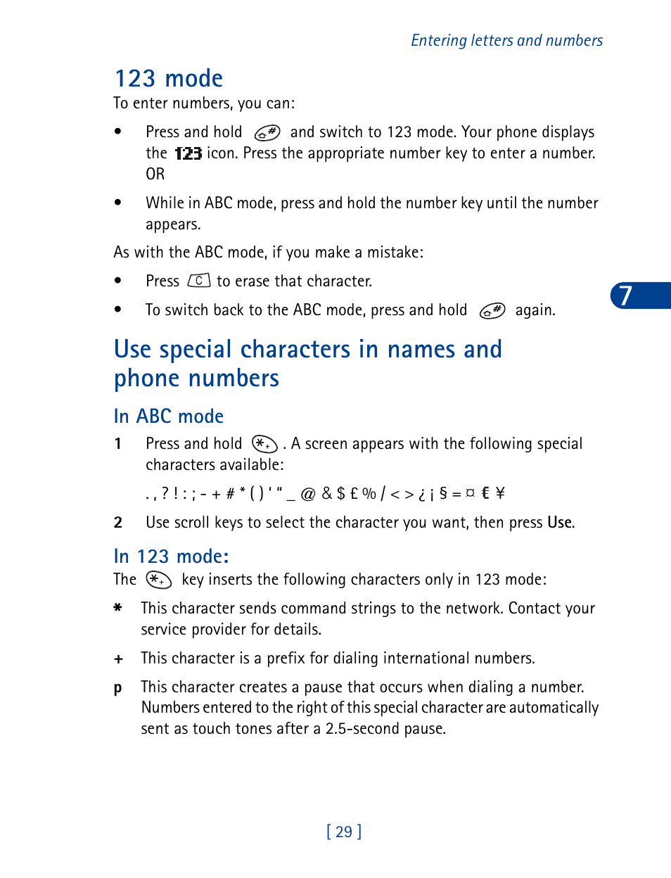 123 mode, Use special characters in names and phone numbers | Nokia 3390 User Manual | Page 42 / 161