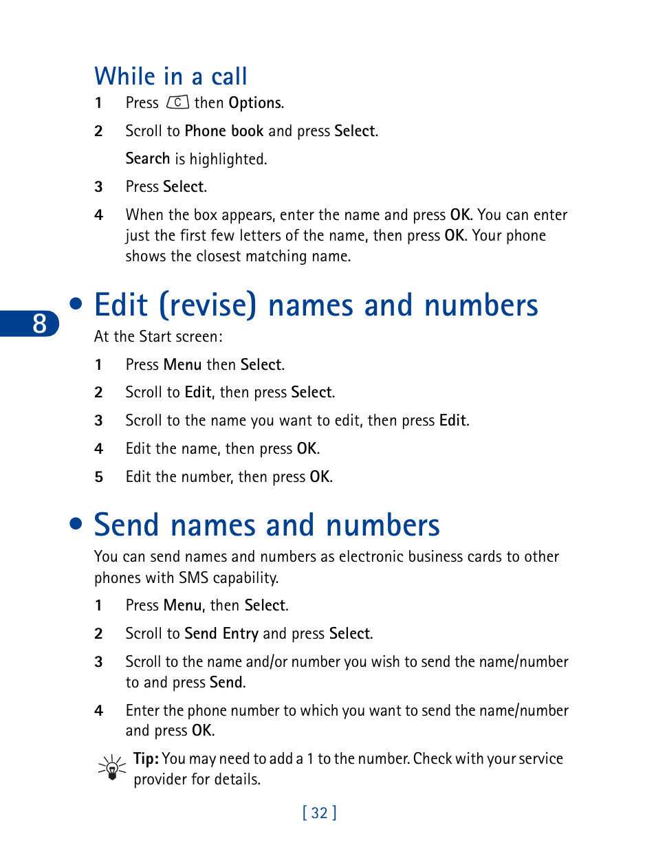 Edit (revise) names and numbers, Send names and numbers, While in a call | Nokia 3390 User Manual | Page 45 / 161