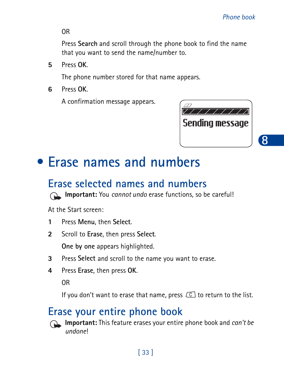 Erase names and numbers, Erase selected names and numbers, Erase your entire phone book | Nokia 3390 User Manual | Page 46 / 161