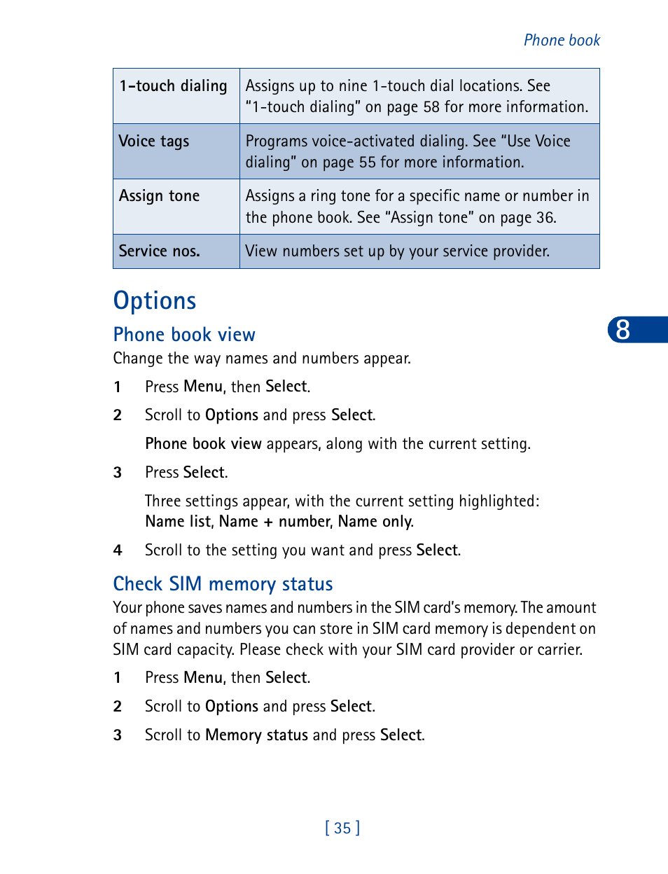 Options, Phone book view | Nokia 3390 User Manual | Page 48 / 161