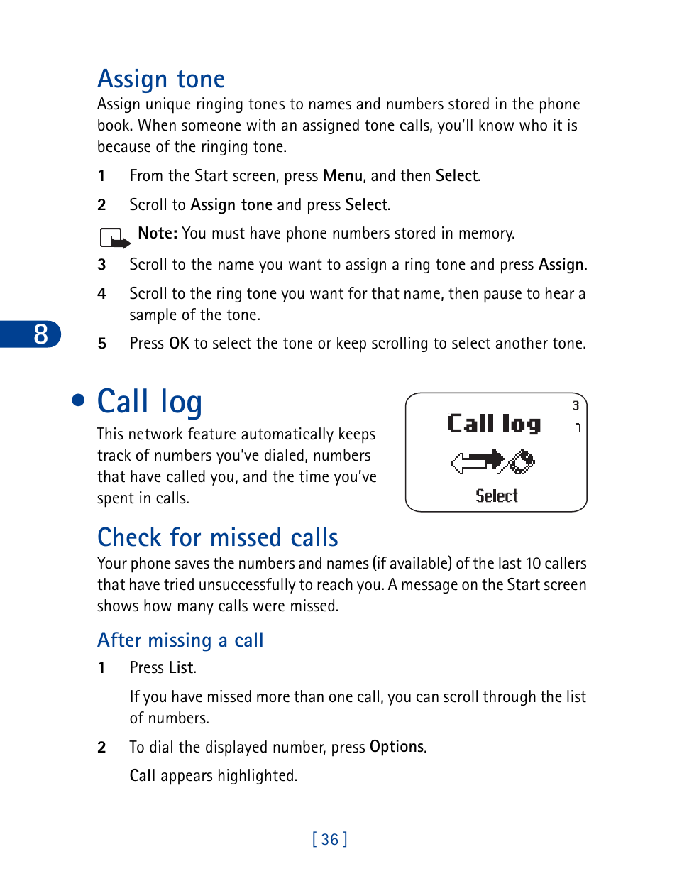 Call log, Assign tone, Check for missed calls | Nokia 3390 User Manual | Page 49 / 161