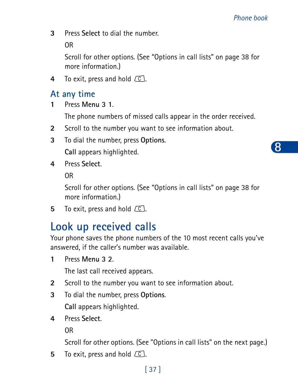 Look up received calls, At any time | Nokia 3390 User Manual | Page 50 / 161