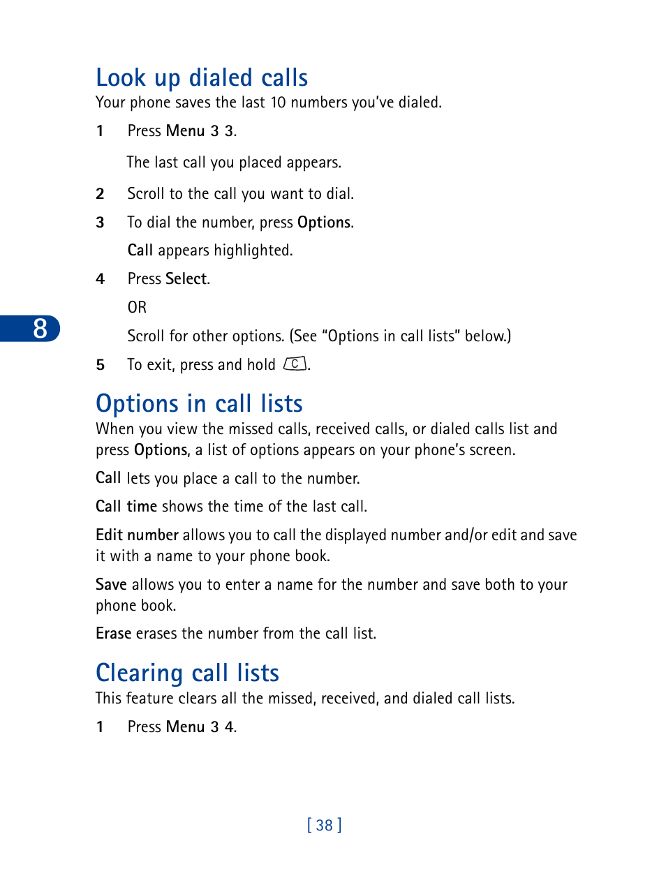 Look up dialed calls, Options in call lists, Clearing call lists | Nokia 3390 User Manual | Page 51 / 161