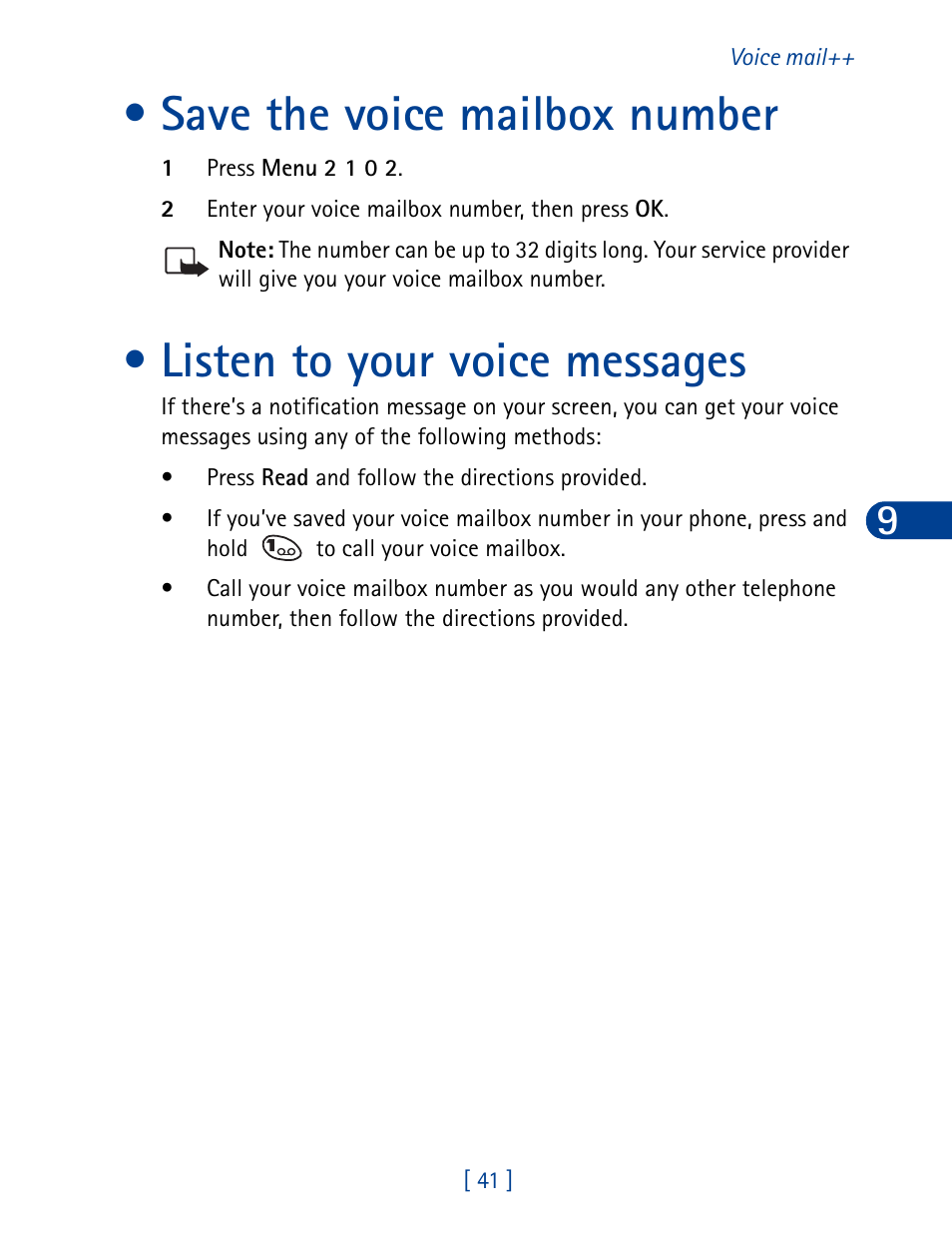 Save the voice mailbox number, Listen to your voice messages, Erase a voice tag | Nokia 3390 User Manual | Page 54 / 161