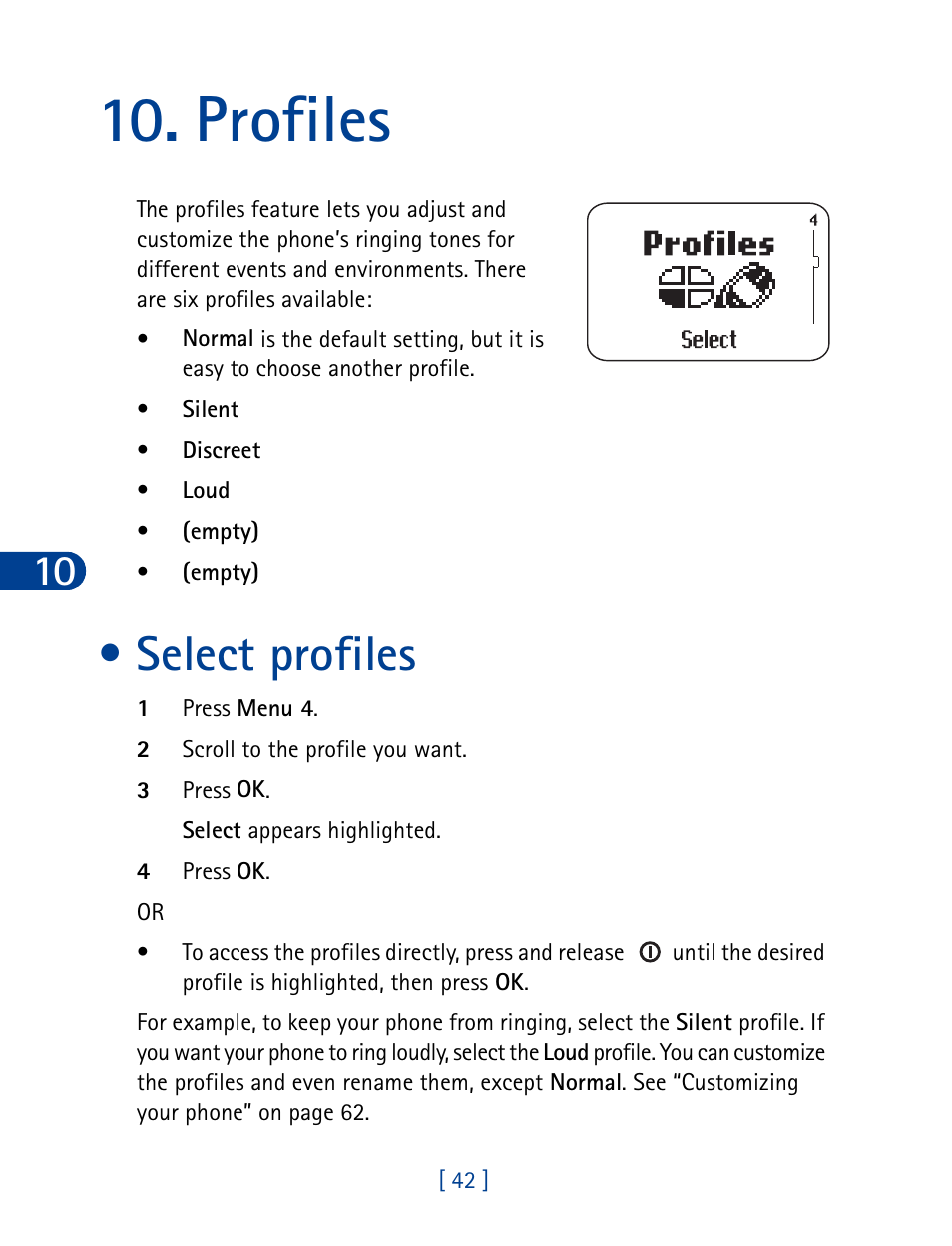 Profiles, Select profiles | Nokia 3390 User Manual | Page 55 / 161