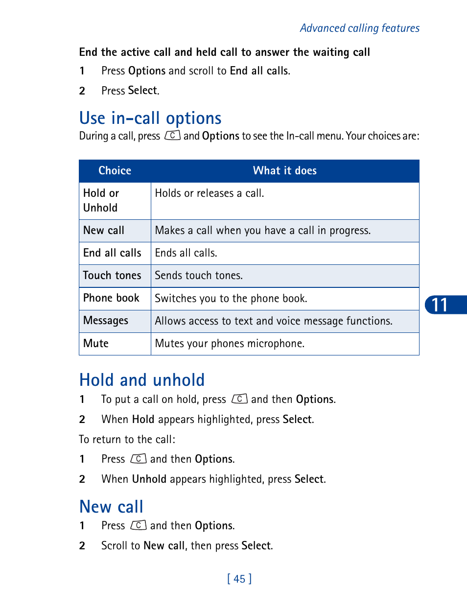 Use in-call options hold and unhold new call, Use in-call options, Hold and unhold | New call | Nokia 3390 User Manual | Page 58 / 161