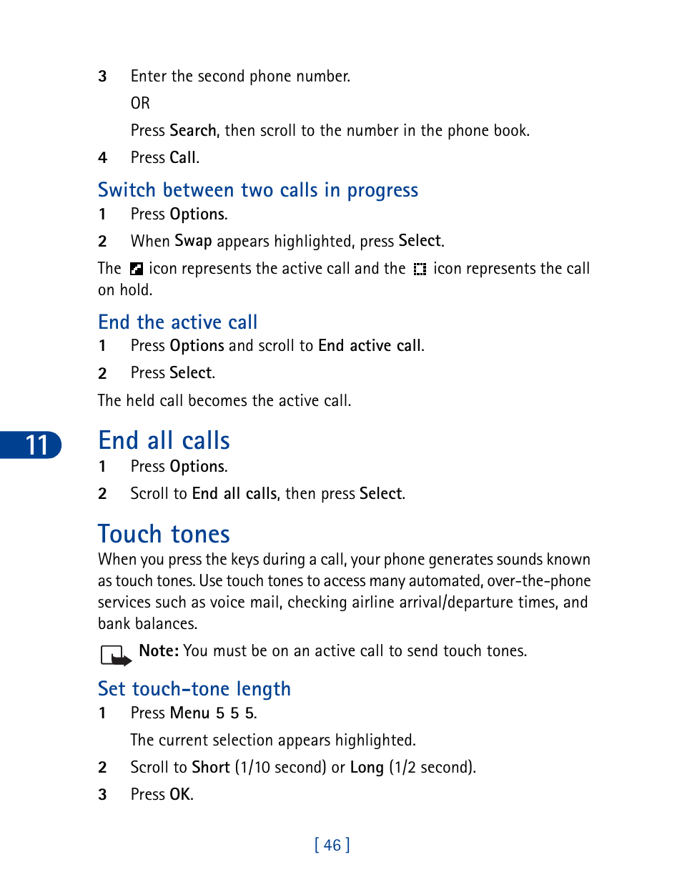 End all calls touch tones, End all calls, Touch tones | Switch between two calls in progress, End the active call, Set touch-tone length | Nokia 3390 User Manual | Page 59 / 161