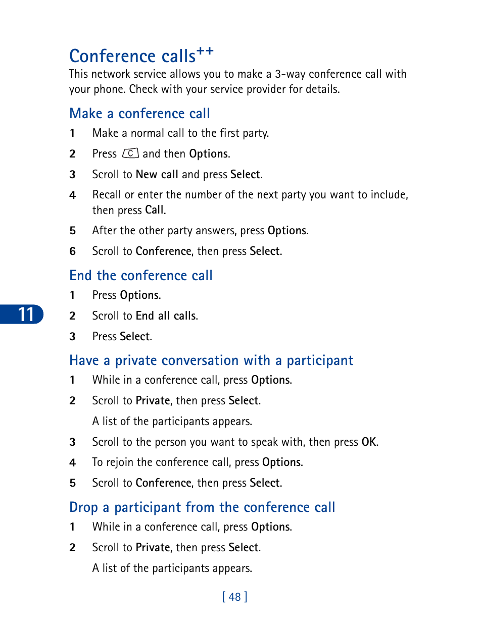 Conference calls, Make a conference call, End the conference call | Have a private conversation with a participant, Drop a participant from the conference call | Nokia 3390 User Manual | Page 61 / 161