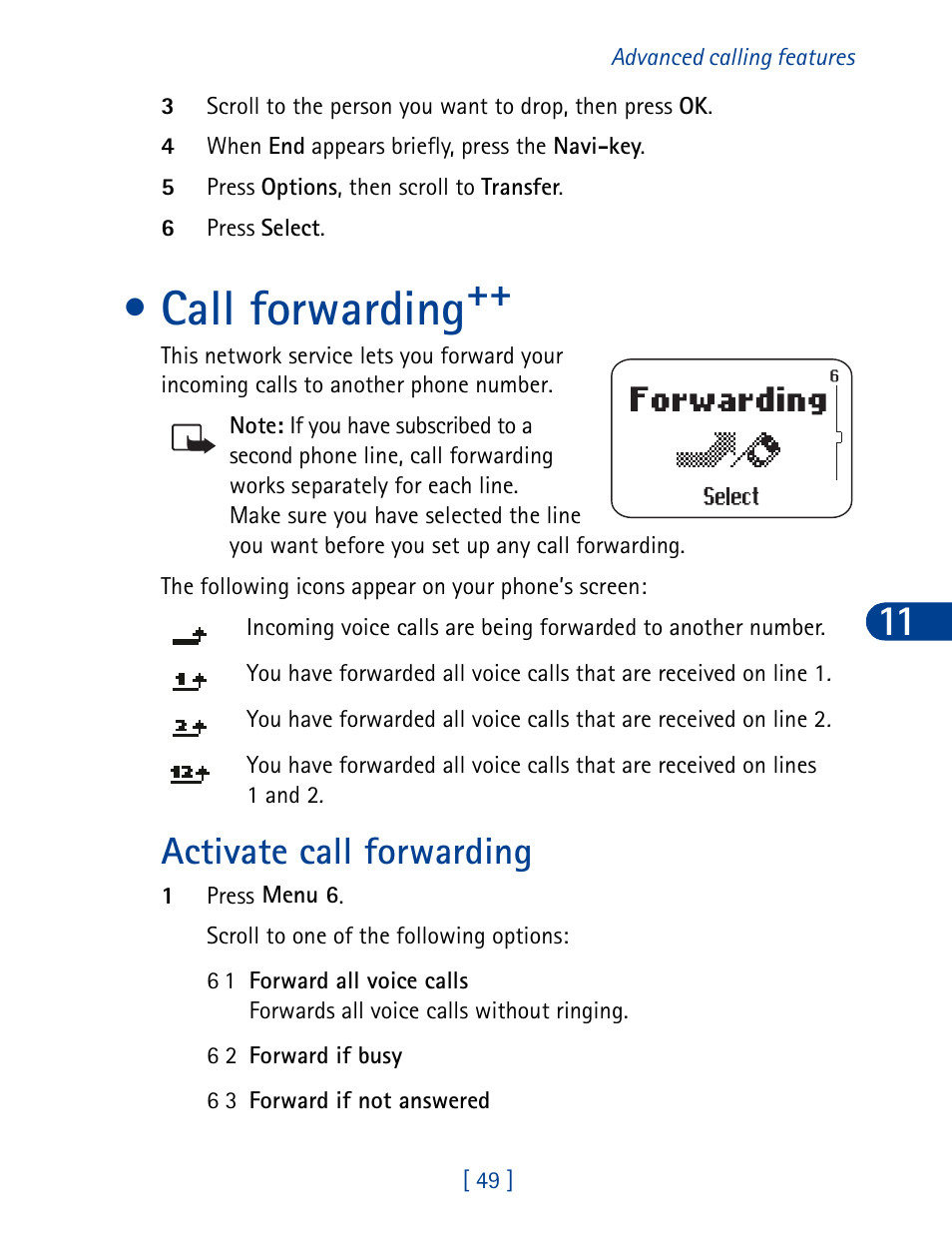 Call forwarding, Activate call forwarding | Nokia 3390 User Manual | Page 62 / 161