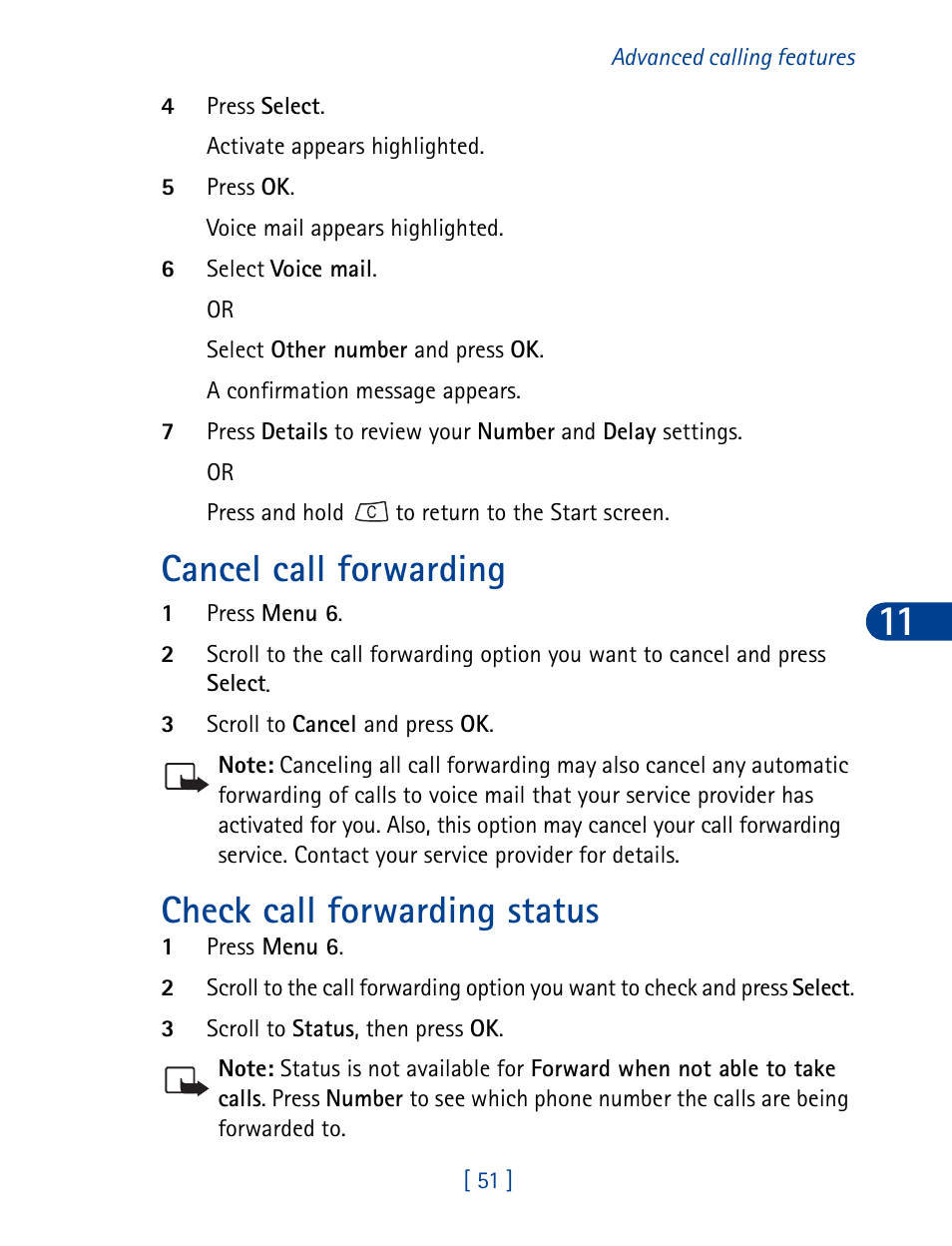 Cancel call forwarding, Check call forwarding status | Nokia 3390 User Manual | Page 64 / 161